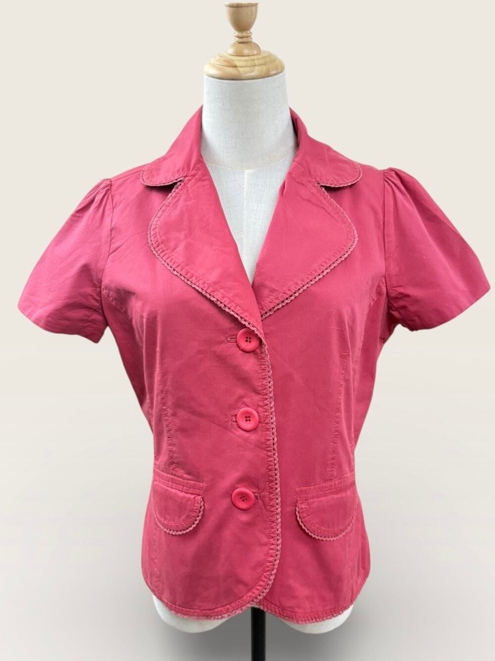 Anthro Sitwell Red Short Sleeved Jacket with Topstitch & Crochet Trim, Sz 10